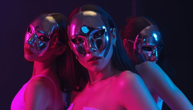 Futuristic Fashion Trio Wearing Chrome Masks in Neon Light