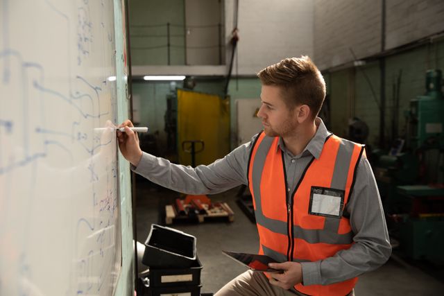 Caucasian male factory worker wearing a high vis vest writing on whiteboard holding a digital tablet. Industrial worker at a factory making hydraulic equipment.