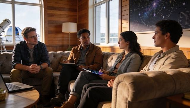 Colleagues discussing astronomy research, collaboration in wood-paneled observatory lounge