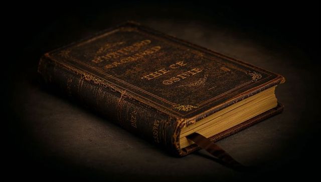 Antique leather book with gilt embossing and silk bookmark on dark vignette backdrop