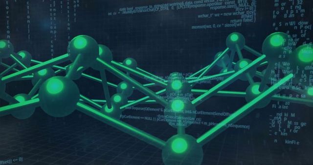 Futuristic network of glowing green nodes and data flow