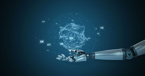 Robotic Hand Presenting Digital Polygon Structure on Blue Background - Download Free Stock Images Pikwizard.com