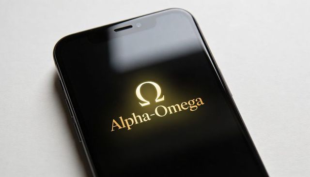 Displaying gold omega logo on glossy smartphone screen for luxury brand and app mockup