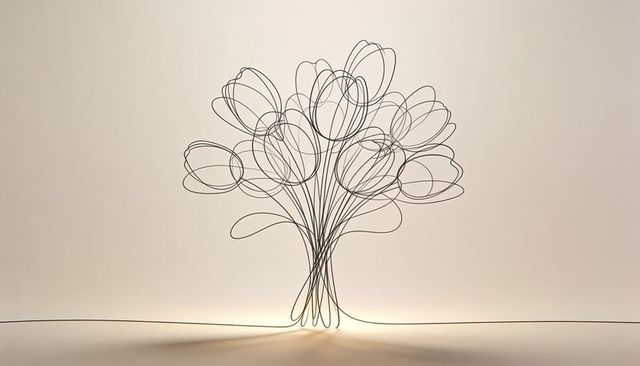 Wire bouquet tulip line sculpture with warm glow minimalist monochrome abstract art decor