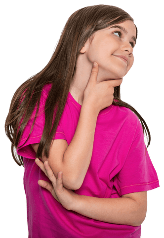 Thoughtful girl pointing with finger wearing pink shirt on transparent background