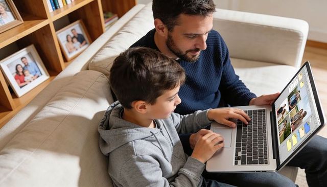 Father and son selecting family portraits on laptop, organizing digital albums at home