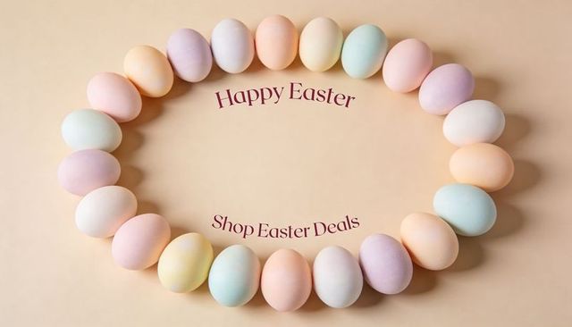 Pastel easter egg wreath on peach background with curved burgundy happy easter text