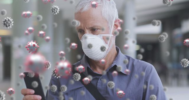 Senior Man in Mask Checking Phone Amidst Virus Particles - Download Free Stock Images Pikwizard.com