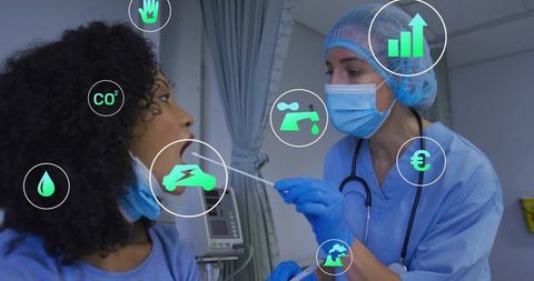 Clinician performing nasal swab test on patient wearing mask and ppe with diagnostic icons