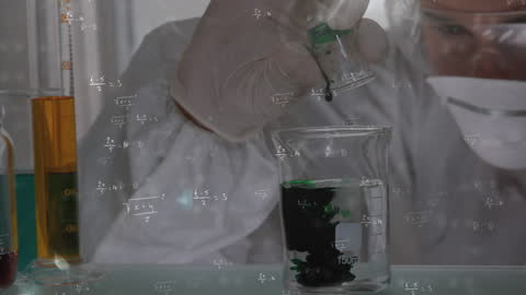 Scientist Performing Experiment with Mathematical Overlay