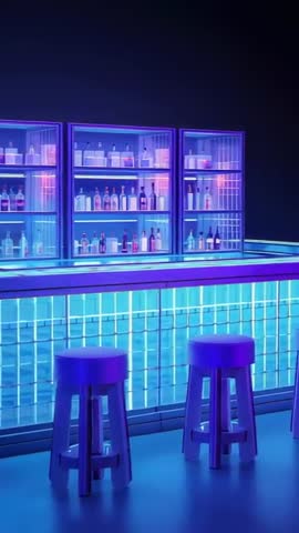 Vertical neon bar interior panning right with illuminated LED shelves and stools