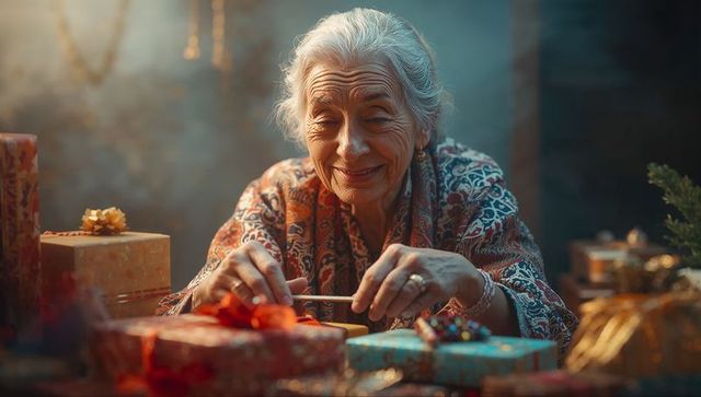 Senior woman tying ribbon on holiday gift with warm smile