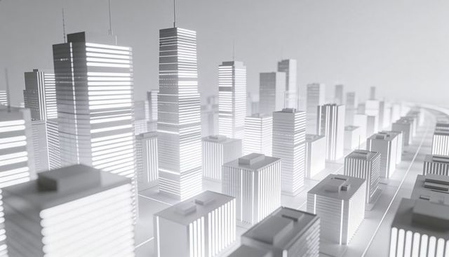 Monochrome minimalist cityscape with glowing band-striped skyscrapers and antenna masts