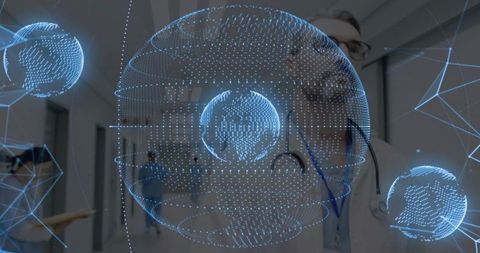 Doctor examining holographic globes visualizing medical data and global health networks
