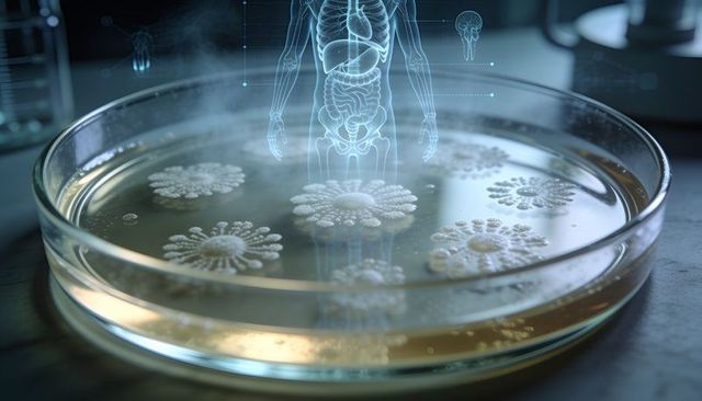 Holographic human torso projecting over petri dish with radial microbial colonies and agar