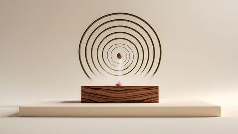 Minimalist abstract composition with sandalwood platform, candle, and rings