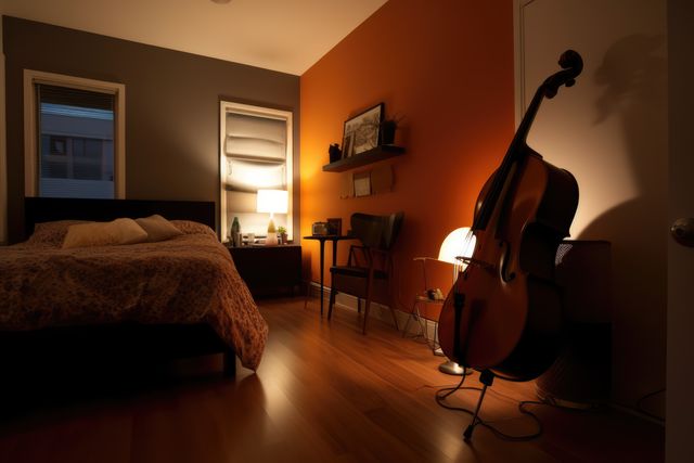 Warm and inviting bedroom illuminated by soft lighting. Features a cello standing near the corner, a bed with patterned bedding, a night lamp on a bedside table, wooden floor, contrasting colored walls, and two windows with blinds. Perfect for home décor inspiration, music room ideas, and promoting a relaxing bedroom atmosphere.