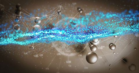 Flowing cyan particle ribbon crossing metallic molecular network with data nodes