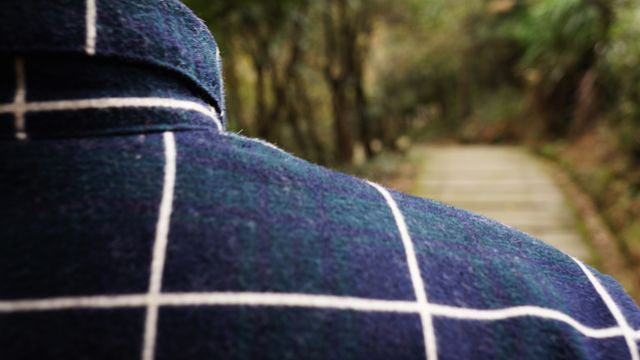 Rear view of a person wearing a checkered flannel shirt walking in a natural, forested area along a path. This image can be used to depict themes of outdoor activities, nature exploration, casual fashion, or tranquil walks in the woods.