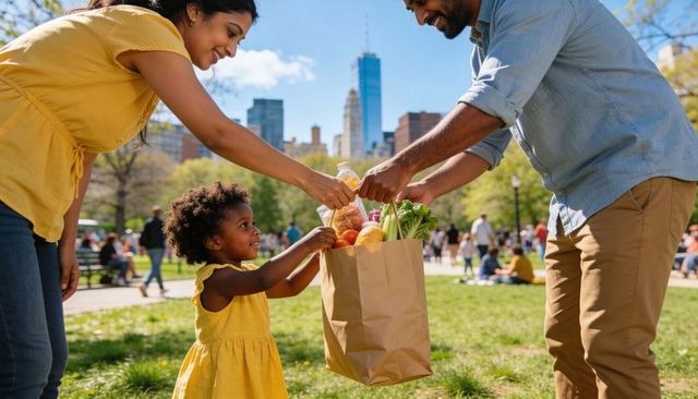 Family sharing fresh groceries in urban park, parents helping little girl reach bag