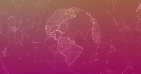 Rotating dotted globe emitting network nodes and connecting lines over pink gradient mesh