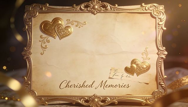 Ornate gold frame with aged parchment and embossed hearts for romantic memory designs