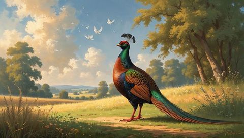 Pheasant animal strutting along meadow path with doves under sunny sky