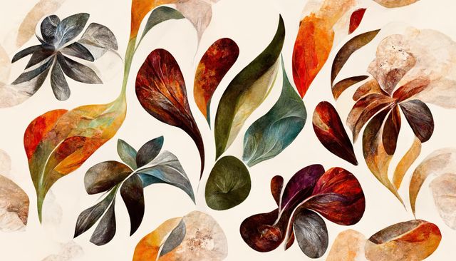 Stylized watercolor leaves in vibrant autumn colors create a relaxing and artistic display. Suitable for home décor, backgrounds, seasonal promotions, or nature-themed designs and illustrations.