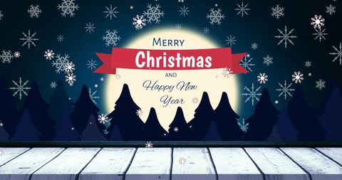 Merry Christmas and Happy New Year Greeting with Snowflakes and Pine Trees