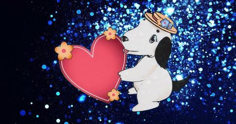 Cute Dog with Straw Hat Holding Heart in Glittery Backdrop
