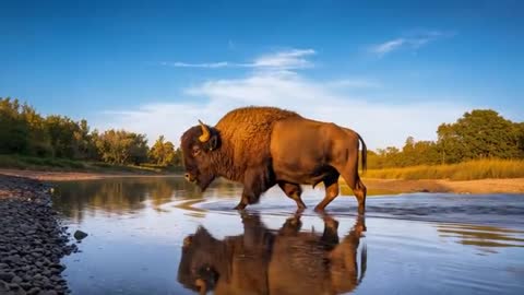 American Bison Crossing Shallow River at Golden Hour, Walking Left Creating Ripples
