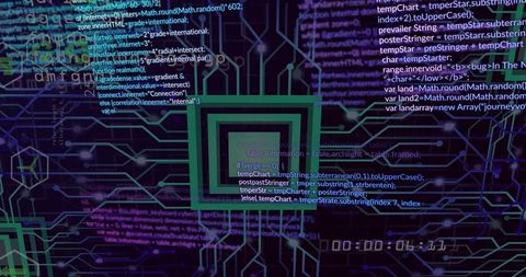 Futuristic circuit board with digital code and timer overlay