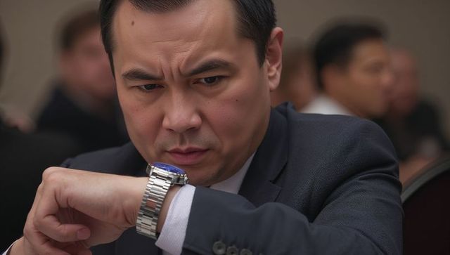 Midlife asian executive checking blue-dial watch at conference, studying time