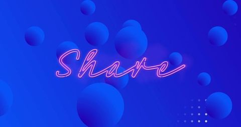 Neon pink cursive share glowing on blue gradient with floating 3d spheres and digital dots