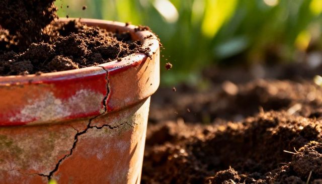 Cracked terracotta pot spilling rich garden soil in golden sunlight macro gardening detail