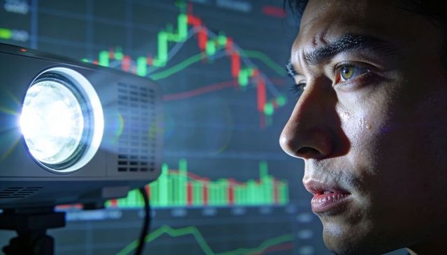 Focused trader studying projected stock charts with projector lens flare and tense profile