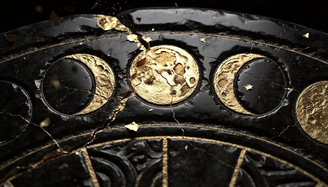 Gilded moon phase medallion on cracked black lacquer with shimmering gold leaf detail
