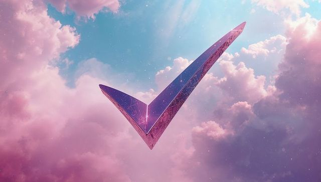 Futuristic Metallic Check Mark Floating in Surreal Sky