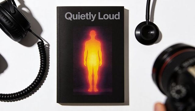 Quietly loud book with glowing silhouette flatlay featuring headphones camera lens studio