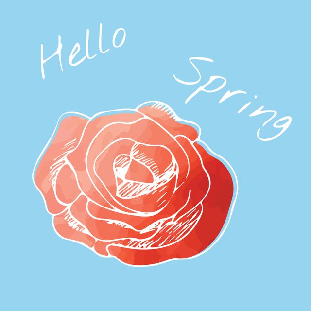 Perfect for seasonal greetings, spring-themed designs, cards, and social media posts. This vibrant, hand-drawn rose on a light blue background with 'Hello Spring' text encapsulates the freshness and rejuvenating spirit of spring.