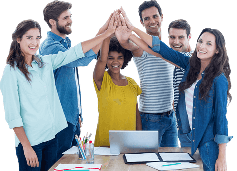Cheerful team celebrating success with transparent hands up gesture