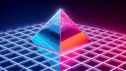 Rising Neon Pyramid Reflecting Cyan and Magenta on Futuristic Grid, Camera Approaching Apex