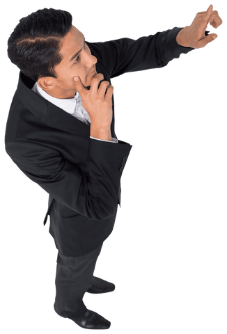 Transparent Biracial Businessman Pointing and Thinking