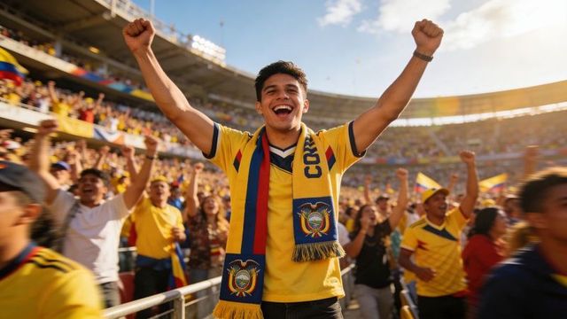 Ecuadorian soccer fan celebrating victory, raising arms in packed stadium crowd