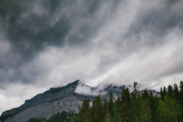 This image depicts dark, dramatic clouds hovering over rugged mountain peaks and a dense pine forest below. Ideal for use in projects related to nature, wilderness exploration, weather conditions, outdoor activities, and scenic landscapes. Can be used in travel brochures, environmental presentations, desktop wallpapers, and inspirational posters.