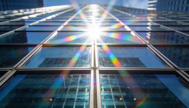 Sunburst rainbow flares on highrise glass facade with grid mullions and reflections