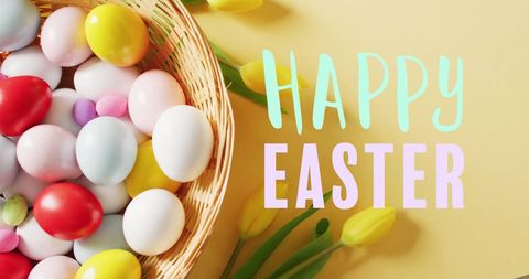 Colorful Easter Eggs in Basket with Happy Easter Text - Download Free Stock Images Pikwizard.com