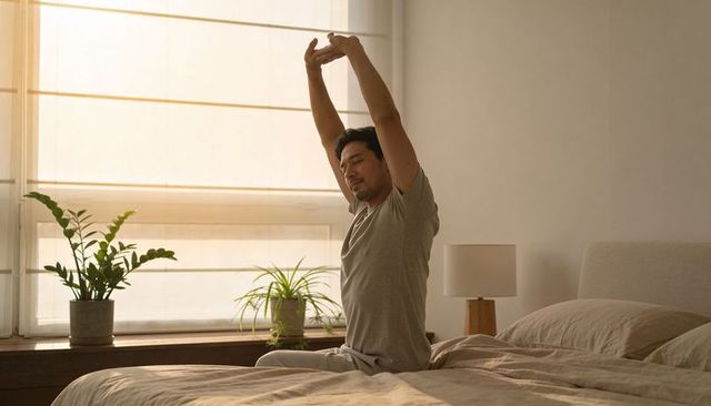 Man stretching on bed in sunlit minimalist bedroom morning routine with indoor plants