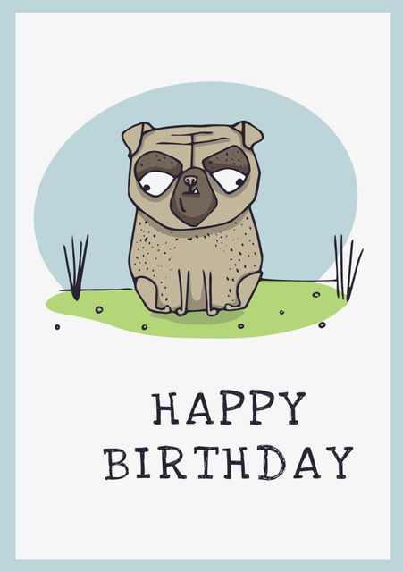 Charming greeting card featuring a cartoon pug, ideal for pet-themed birthday celebrations. Great for brightening someone's day with whimsy and cuteness. Use for birthday invitations, birthday wishes, or decorative purposes.