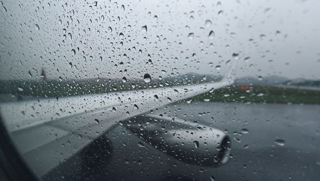 Viewing airplane wing through raindrop-covered window over wet runway and airport tarmac
